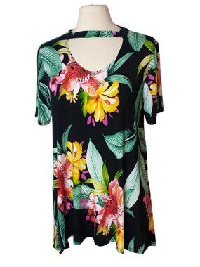 Lovely J Womens Hawaiian Top L Cut-Out Neck Handkerchief Stretch Soft Tunic